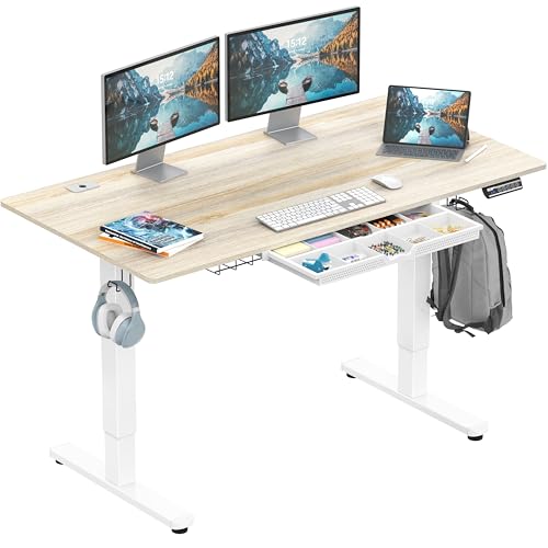 SHW 55 x 28 Electric Height Adjustable Standing Desk w/Drawer, Maple