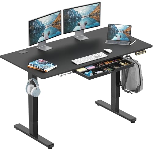 SHW 55 x 28 Electric Height Adjustable Standing Desk w/Drawer, Black